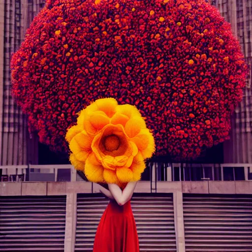 Image similar to giant flower head, frontal, woman standing in mid century building, surreal, symmetry, bright, tone in tone, cinematic, wes anderson