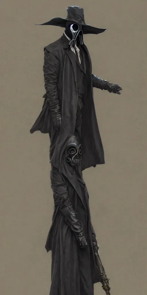 Image similar to portrait of man in black trench coat, wearing a steam punk plague doctor mask and a black top hat, highly detailed, artstation, concept art, by krenz cushart and donato giancola and william adolph bouguereau and alphonse mucha,