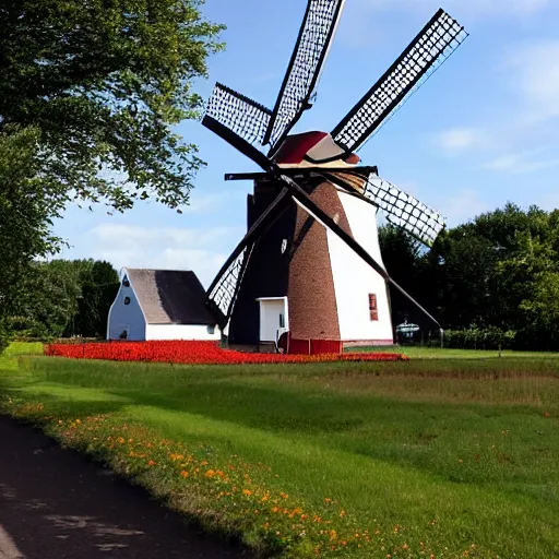 Prompt: A windmill with a giant wheel of cheese instead of blades, the Netherlands