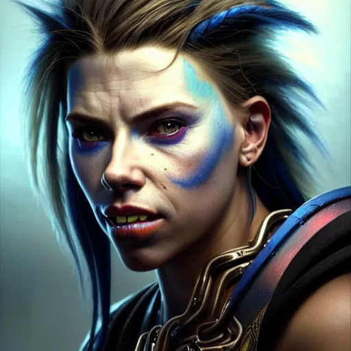 Image similar to portrait painting of a cyberpunk orc shaman extremely muscular ugly scarlett johansson with bad teeth, ultra realistic, concept art, intricate details, eerie, highly detailed, photorealistic, octane render, 8 k, unreal engine. art by artgerm and greg rutkowski and charlie bowater and magali villeneuve and alphonse mucha