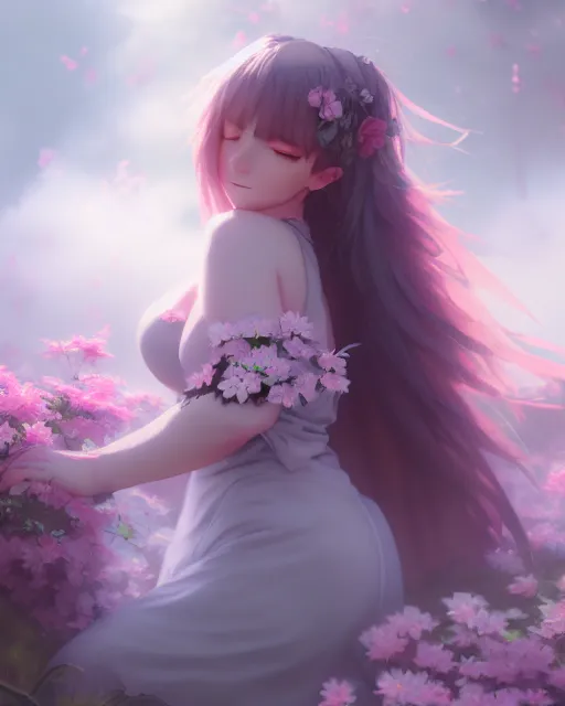 Image similar to dark angel surrounded by mist and pretty flowers, very detailed, realistic face, detailed face, matte, tonemapping, bbwchan, perfection, 4 k, cushart krenz, cinematic, atmospheric