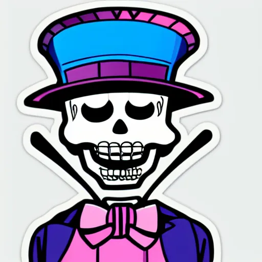 Image similar to cartoon skeleton in a tophat, colorful, pastel, sticker, cartoon, digital art, clean lines,