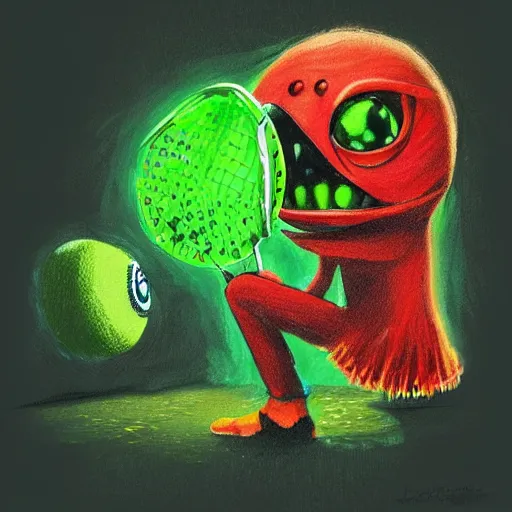 Image similar to a tennis ball monster ,tennis ball, joker, chalk, digital art, fantasy, magic, trending on artstation, ultra detailed, professional illustration by Basil Gogos