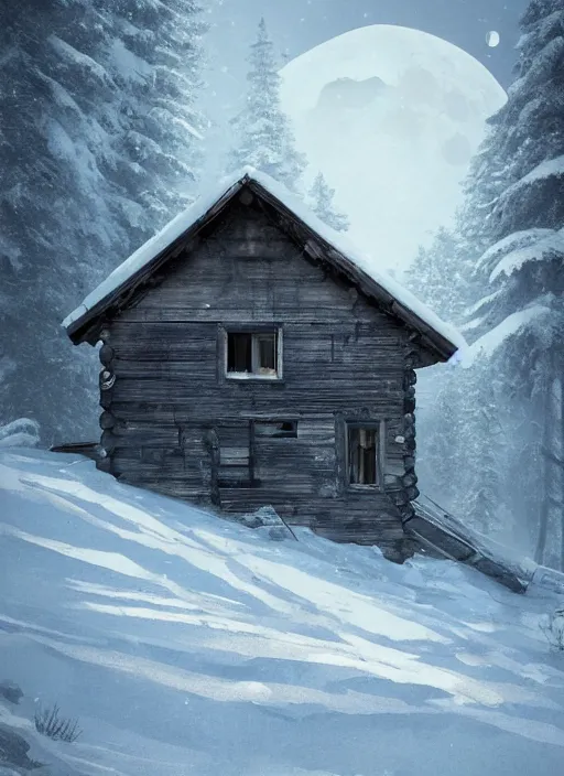 Image similar to an abandoned cabin on the top of a snowy mountain, waxing moon, greg rutkowski, 8 k, shallow depth of field, intricate detail, concept art,