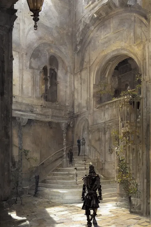 Prompt: an biomechanical palace guard walking through the byzantine courtyard by anders zorn, wonderful, masterpiece by greg rutkowski, beautiful cinematic light, by greg manchess, jessica rossier