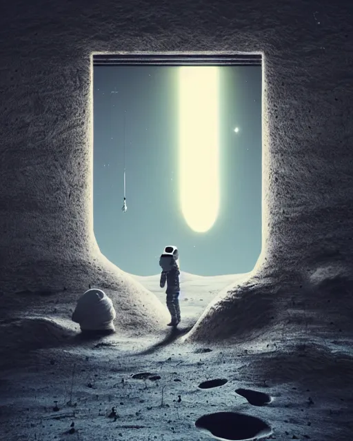 Image similar to a person standing in front of an open door that's on the moon, poster art by mike winkelmann, trending on cg society, space art, sci - fi, ue 5, futuristic, volumetric lighting