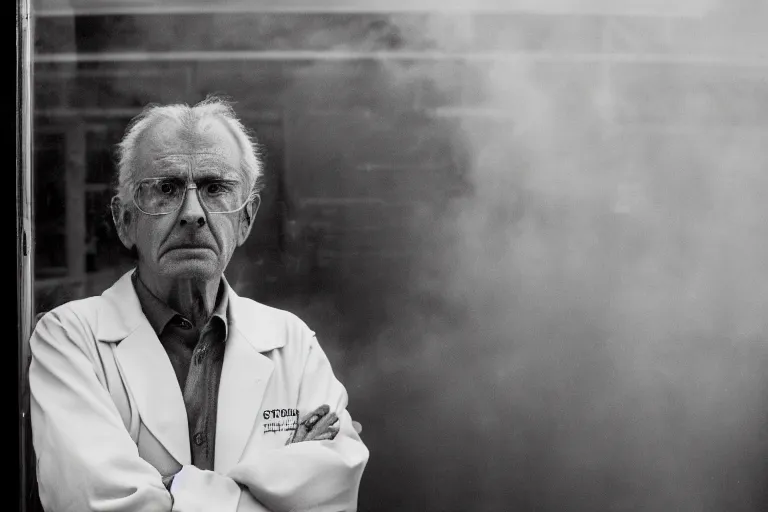 Prompt: an ultra realistic cinematic headshot portrait of an evil scientist, stood outside a corner shop, foggy, detailed, deep focus, movie still, dramatic lighting, by fay godwin