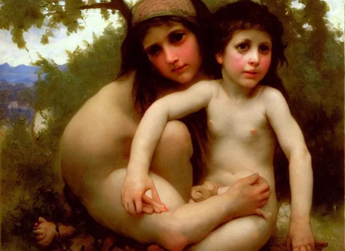 Prompt: feral child with giant chick, bouguereau