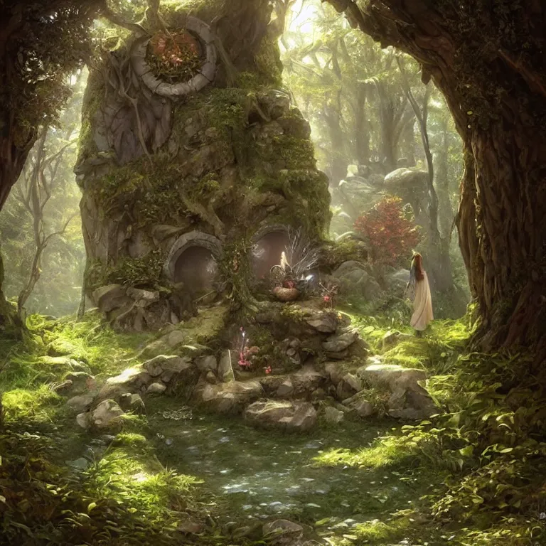 Image similar to Fantasy Magical fairy-tale stone portal in the forest. Round stone portal teleport in trees to other worlds. Fantastic landscape. Magic Altar in the fores, highly detailed, digital painting, artstation, concept art, smooth, sharp focus, illustration, art by artgerm and greg rutkowski and alphonse mucha