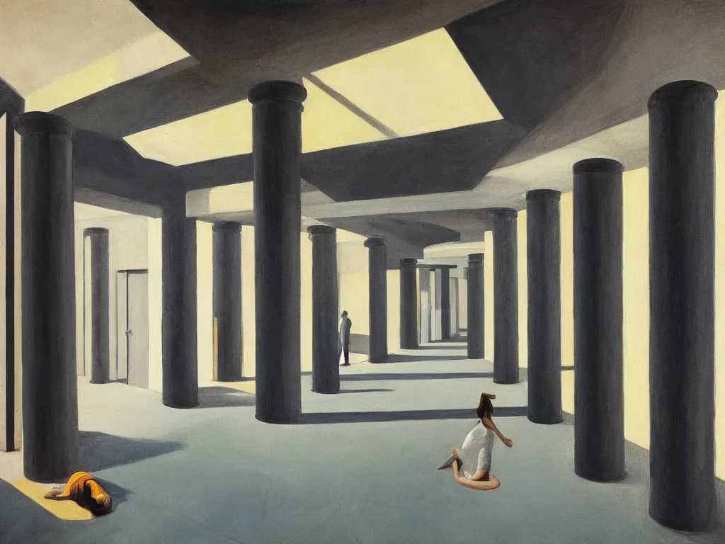 Image similar to colorful minimalist industrial interior hallway with monolithic pillars in the style of ridley scott and stanley kubrick, impossible stijl architecture, ultra view angle view, lone person in the distance, realistic detailed painting by edward hopper
