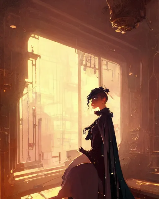 Prompt: a mysterious beautiful woman, aristocrat cloak, steam punk, mechanical parts, fantasy, digital painting by ilya kuvshinov, greg rutkowski, wlop, james jean, victo ngai, beautifully lit, muted colors, highly detailed, dynamic pose, artstation, fantasy art, ( ( intricate background ) ) by craig mullins, thomas kinkade