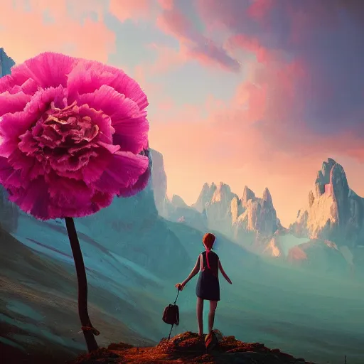 Image similar to giant carnation flower as a head, girl hiking in the dolomites, surreal photography, sunrise, dramatic light, impressionist painting, colorful clouds, digital painting, artstation, simon stalenhag