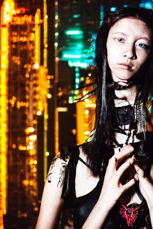 Image similar to photographic portrait of a cyberpunk girl, in the style of terry richardson