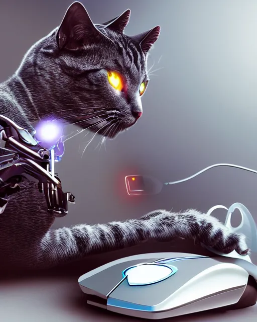 Image similar to a metallic robotic cyborg cat eating a computer mouse, cyberpunk, digital art, 8 k, trending on artstation