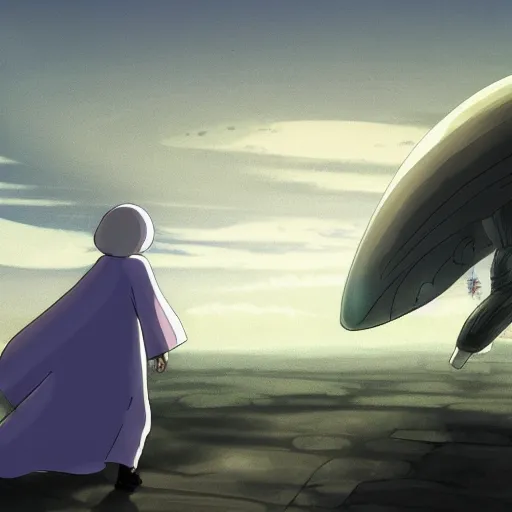 Prompt: an asymmetrical cell - shaded studio ghibli concept art study of a huge silver flying ufo in the sky. an elegant alien is greeting a middle eastern merchant on the ground. very dull colors,, hd, 4 k, hq