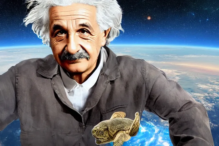 Image similar to still fullbody photo of sad albert einstein in spacesuit in space, flat earth on elephants and turtle at background, highly detailed, photorealistic shot, bright studio setting, studio lighting, crisp quality and light reflections, unreal engine 5 quality render