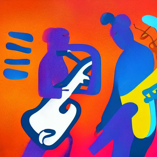 Prompt: a saxophone, a guitar, a drummer, and a keyboard player. jazz. party. fun. abstract. oil paint. digital image. highly saturated. whimsical. digital art, octane, ue 5, 8 k, 4 k, hq, concept art.