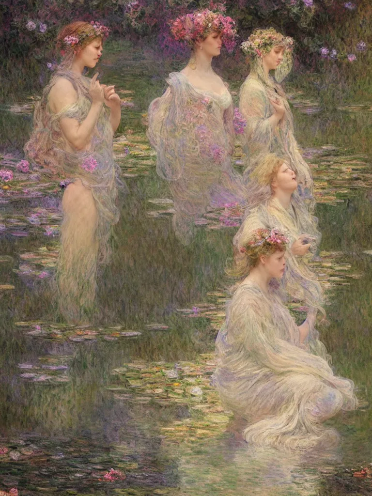 Image similar to illustration studio portrait of three beautiful seraphim female energy in artistic poses in a pond in nature, monet painterly motives and textures pattern, hyper detailed, octane render, vivid colors, artstation, by jeremy mann, by alphonse mucha, by monet