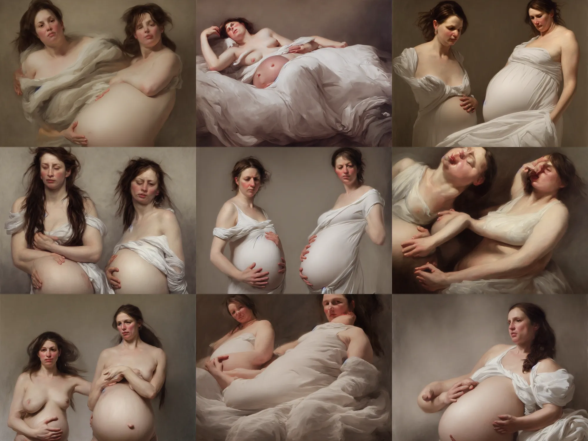 Prompt: pregnant woman by Alyssa Monks Franz Xaver Winterhalter full hyper realism realistic proportions dramatic_lighting