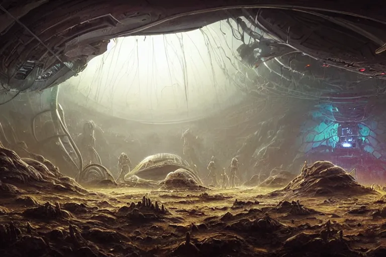 Image similar to Epic science fiction cavescape. In the foreground is soldiers in battle-armor searching, in the background alien machinery and alien eggs. An abandoned alien spaceship is between them. Stunning lighting, sharp focus, extremely detailed intricate painting inspired by H.R. Giger and Simon Stalenhag