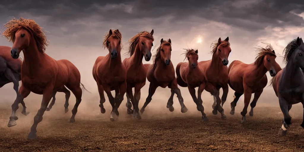 Image similar to a product picture of hundreds of horses running, photographic filter, unreal engine 5, realistic, hyperdetailed, 8 k, cinematic, volumetric lighting, very realistic effect, hd, hdr, 4 k, sharp focus, octane render, ultra detailed, high resolution, trending on artstation in the style of albert dros glowing rich colors powerful imagery