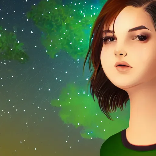 Prompt: an hd photo of a young woman with short brown hair and green eyes, beautiful trees in the background, night sky with stars and galaxies, trending on artstation