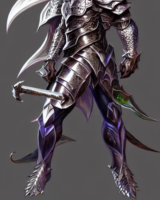 Image similar to Full body character concept art of an anime draconian warrior knight, iridescent scales, cool face, muscular, by Stanley Artgerm Lau, WLOP, Rossdraws, James Jean, Andrei Riabovitchev, Marc Simonetti, and Sakimichan, tranding on artstation