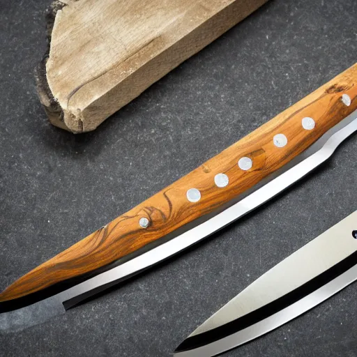 Prompt: three knives reflective blade with polished wooden handles, on a black table with diamond legs 2 2 mm 4 k clock on wall