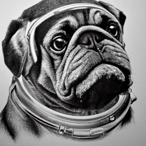 Image similar to self portrait, highly detailed, pencil art, max detail, pug and chimp astronaut posing for a picture.