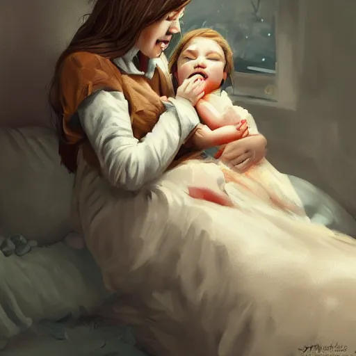 Prompt: a mother singing lullabies to a cute sleepy girl by Victor Nizotsev, highly detailed, trending on artstation