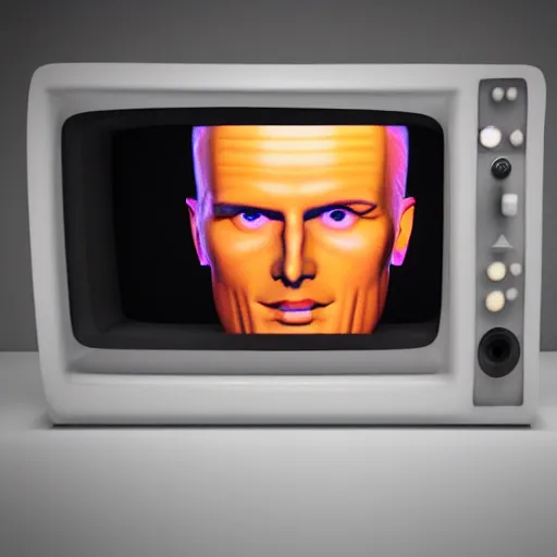 Image similar to a hyperrealistic 3 d render of max headroom 2 0 2 2 on a vintage tv, octane render, unreal engine, 8 k, trending on cgsociety, volumetric lighting, dramatic lighting, lasers, neon