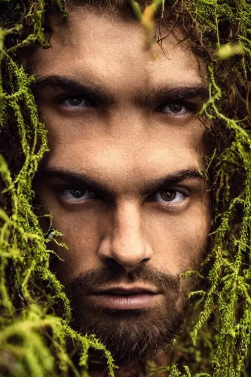 Prompt: close up, portrait of a muscular man, chiseled features, beautiful flowing brown curly hair, mythological, god of nature, defined muscles, artsy photography, film photo, 4 k, model posing, deep tan skin, trending on artstation, fashion photography, yellow eyes, overgrown background, dryad, verdant forest, face