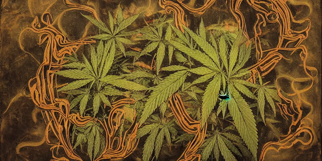 Image similar to Cannabis, ancient painting style