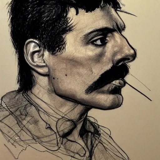 Image similar to a realistic yet scraggly portrait sketch of the side profile of a stern and sophisticated freddie mercury, trending on artstation, intricate details, in the style of frank auerbach, in the style of sergio aragones, in the style of martin ansin, in the style of david aja, in the style of mattias adolfsson