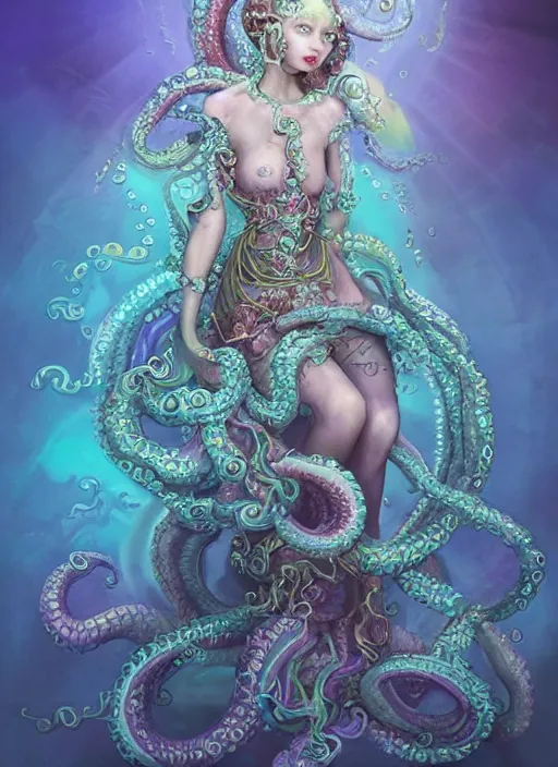 Prompt: A full body shot of a cute and mischievious monster girl wearing an ornate ball gown made of opals and tentacles. Fancy Dress under the sea. Subsurface Scattering. Translucent Skin. Rainbow palette. defined facial features, symmetrical facial features. Opalescent surface. beautiful lighting. By Giger and Ruan Jia and Artgerm and WLOP and William-Adolphe Bouguereau. Photo real. Hyper-real. Photorealism. Fantasy Illustration. Sailor Moon hair. Masterpiece. trending on artstation, featured on pixiv, award winning, cinematic composition, dramatic pose, sharp, details, Hyper-detailed, HD, HDR, 4K, 8K.