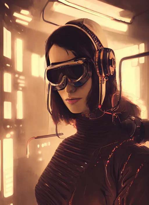 Prompt: portrait of a woman in wires and cyberpunk goggles on her head in a server room in color smoke, symmetrical, art by maciej kuciara, trending on artstation, futurism, dystopian art, 8 k