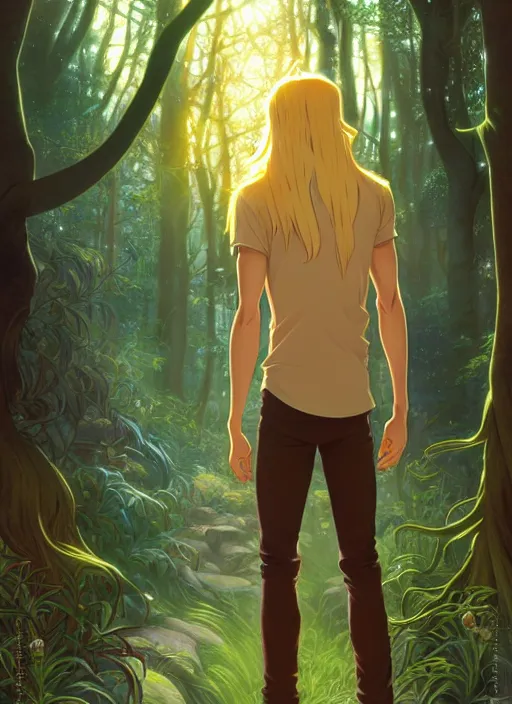 Image similar to book cover design, slender young man with long golden blond hair, shiny and sparkling, from behind, back shot, lost in a magical forest, natural lighting, path traced, highly detailed, high quality, cartoon, digital painting, by don bluth and ross tran and studio ghibli and alphonse mucha