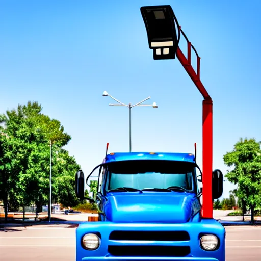 Image similar to blue truck dangling from atop a street light pole