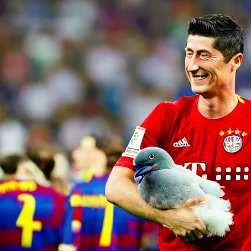 Image similar to robert lewandowski hugging a pigeon in camp nou