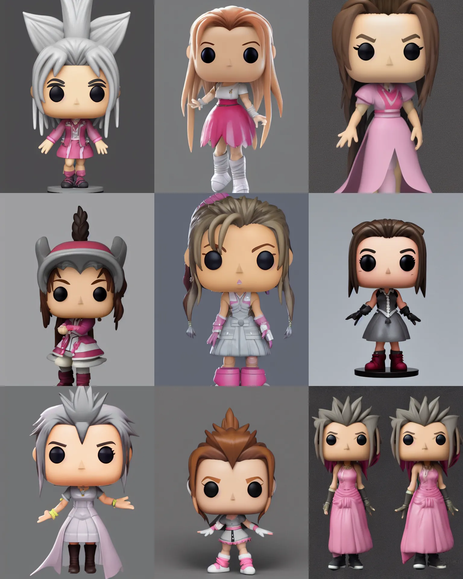 Prompt: full body 3 d render of final fantasy aerith as a funko pop!, studio lighting, grey background, no shadow, blender, trending on artstation, 8 k, highly detailed