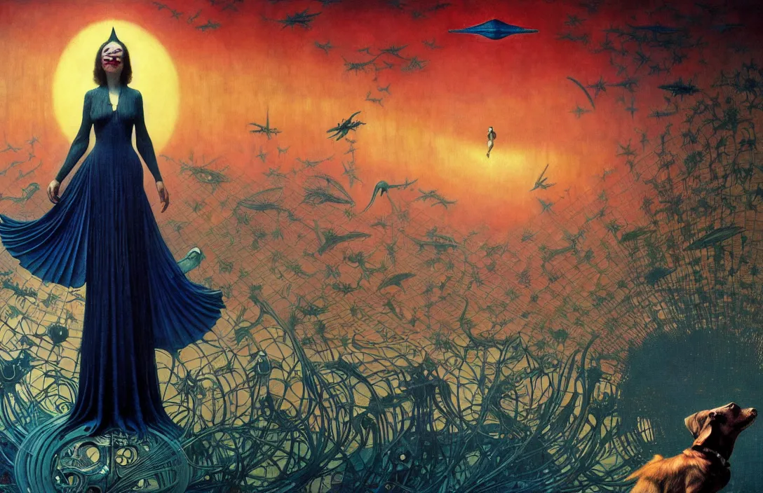 Prompt: realistic detailed portrait movie shot of a birdgirl wearing a dark dress, sci fi city landscape background by denis villeneuve, amano, yves tanguy, alphonse mucha, ernst haeckel, max ernst, roger dean, masterpiece, rich moody colours, dog teeth, blue eyes, sunset