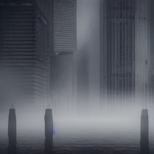 Prompt: a foggy city with tall buildings and a monster obscured by the fog moving between the buildings, found footage style, 8k, hyper realistic