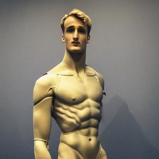 Image similar to “a realistic detailed photo of a guy who is an attractive humanoid who is half robot and half humanoid, who is a male android, British diver Jack Laugher, shiny skin, posing like a statue, blank stare, at the museum, on display”