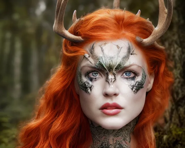 Image similar to 5 5 mm portrait photo of an armored gorgeous anesthetic redhead woman warrior with a face tattoo and antlers growing from her head, in a magical forest in the style of stefan kostic, art by luis royo. highly detailed 8 k. intricate. lifelike. soft light. nikon d 8 5 0. cinematic post - processing