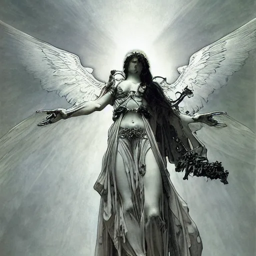 Image similar to heavenly angel of death and solace by gustave dore and alphonse mucha yoji shinkawa apophasis