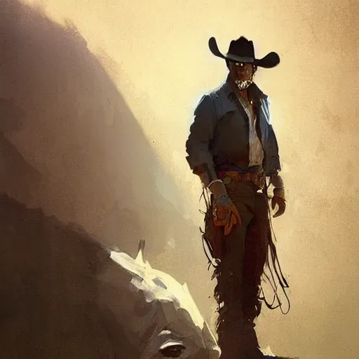 Prompt: a beautiful portrait of a cowboy by greg rutkowski and bill sienkiewicz trending on artstation