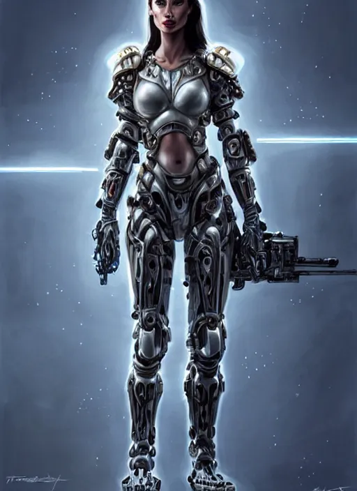 Image similar to portrait of a beautiful female soldier from the future wearing biomechanical armor, megan fox, carrying a rifle, intricate, elegant, glowing lights in armor, highly detailed, digital painting, artstation, glamor pose, concept art, smooth, sharp focus, illustration, epic angle, art by artgerm and greg rutkowski, artey freytag, alvin schwartz