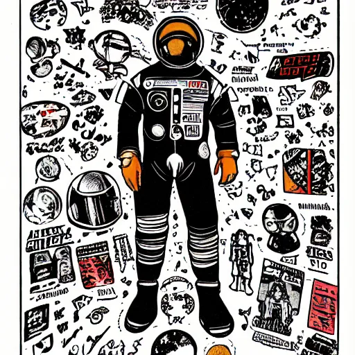 Image similar to illustration of butch tomboy stoic emotionless square - jawed heroic blonde woman astronaut wearing patched punk spacesuit, space helmet with stickers on it, stealing a rocket, pen and ink, ron cobb, mike mignogna, comic book, black and white, science fiction, punk, grunge, used future, illustration, comic book cover, - ar 1 6 : 9