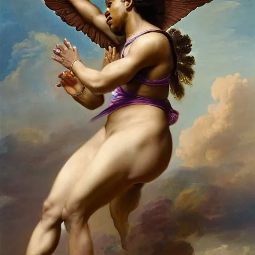 Image similar to Portrait of Serena Williams as Nike Goddess, large wings, luxuriant, dreamy, eternity, romantic, strong pose, highly detailed, in the style of Franz Xaver Winterhalter, highly detailed, in the style of Aetherpunk