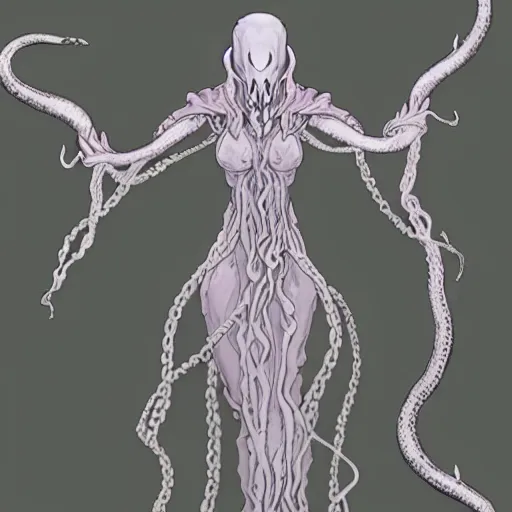 Prompt: concept designs for an ethereal wraith like figure with a squid like parasite latched onto its head and long tentacle arms that flow lazily but gracefully at its sides like a cloak while it floats around a forgotten kingdom in the snow searching for lost souls and that hides amongst the shadows in the trees, this character has hydrokinesis and electrokinesis for the resident evil village video game franchise with inspiration from the franchise Bloodborne and the mind flayer from stranger things on netflix